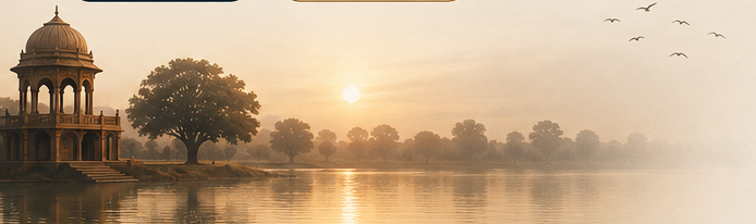 Temple at sunset by a lake